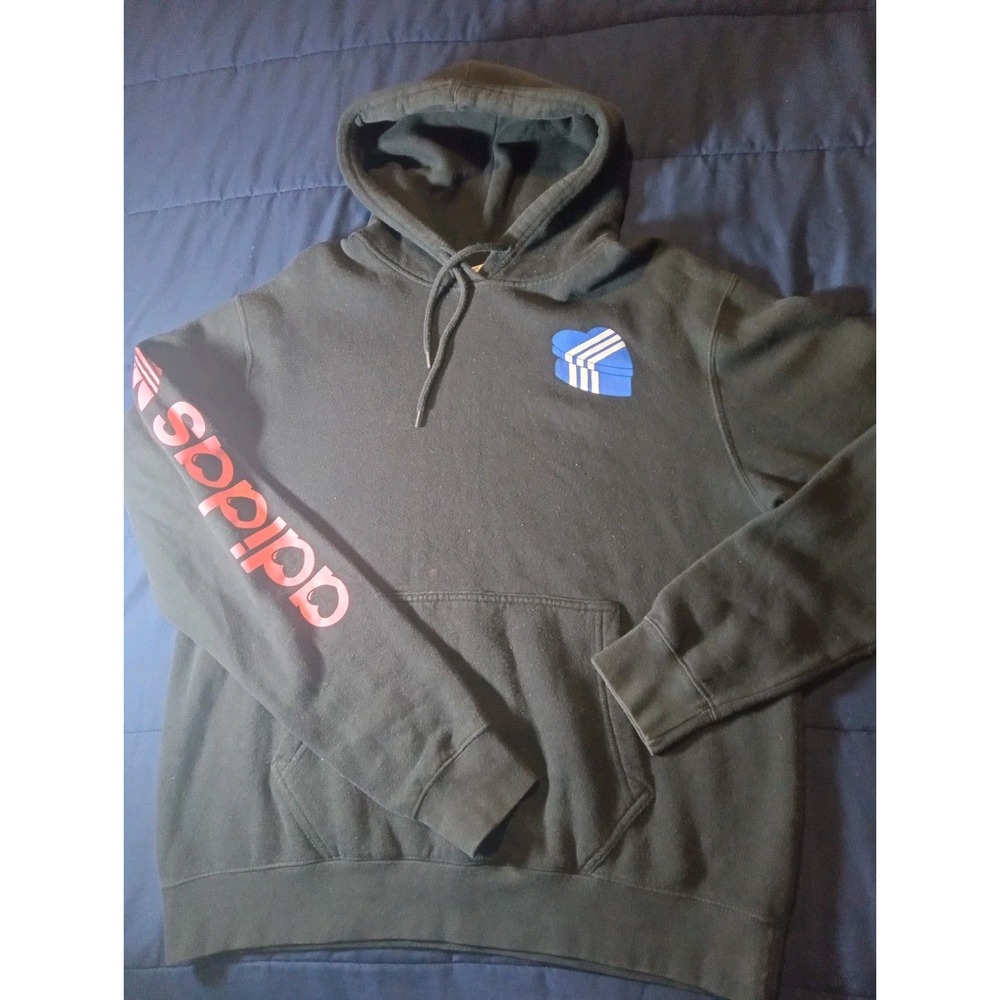 ADIDAS Hoodie Mens Medium Black Blue Heart Box Trefoil‎ Fleece Sweatshirt